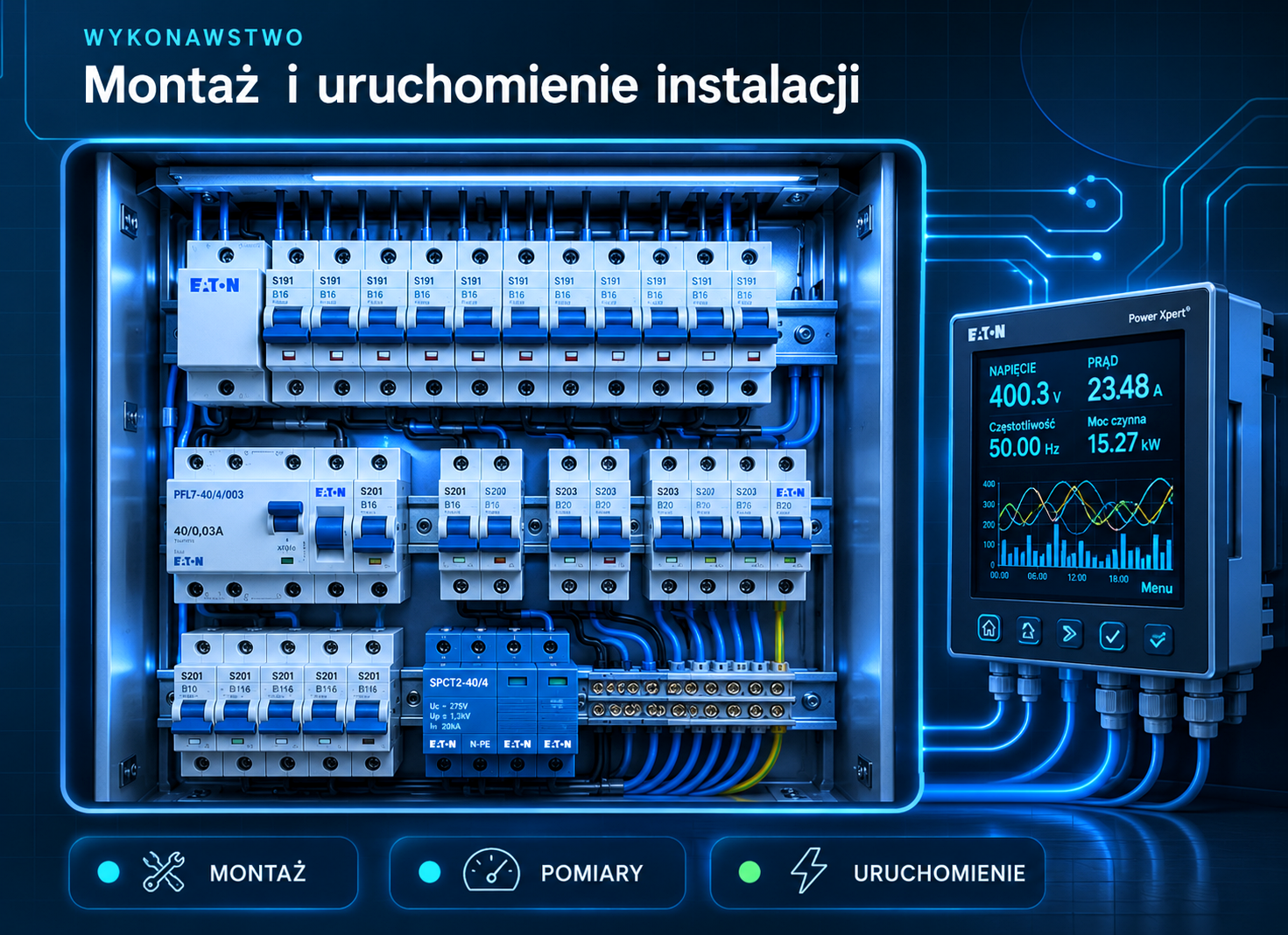 Rozdzielnica elektryczna z aparatami modułowymi oraz analizatorem parametrów sieci