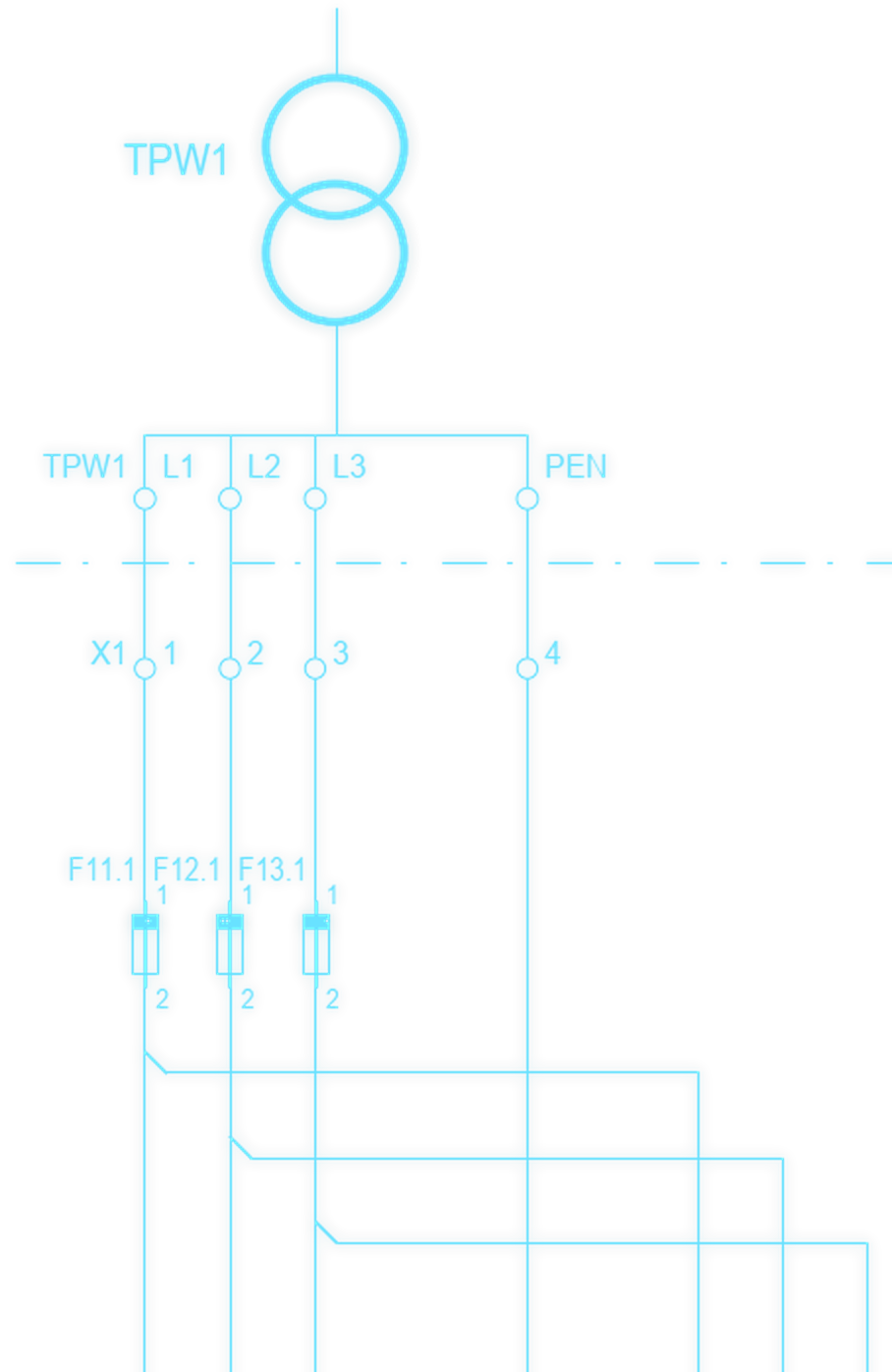Schemat transformatora potrzeb własnych TPW1, zacisków L1, L2, L3 i PEN oraz zabezpieczeń F11.1, F12.1 i F13.1